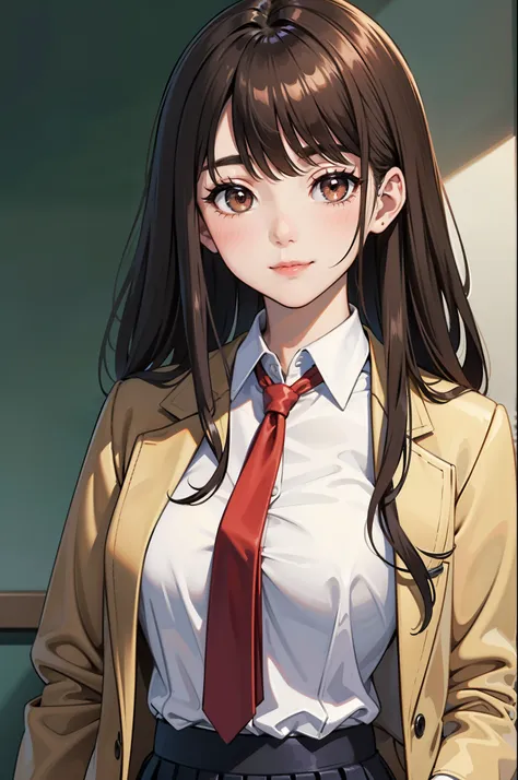 rating:safe, 1girl, solo, long_hair, brown_hair, jacket, brown_eyes, blush, red_neckwear, necktie, smile, blue_jacket, shirt, wh...