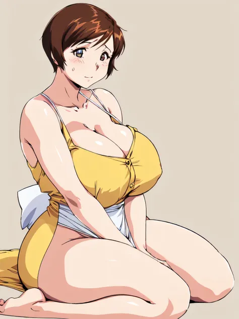 masterpiece, highest quality, High resolution, short hair, etsukoto, Big and ample breasts, cleavage, (Perfect beautiful yellow dress:1.4), ((White waist apron)), White panties, nsfwal face, (((simple background))), Shiny oily skin, Huge long breasts, Naug...