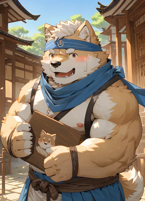 (masterpiece)，(Very detailed)，(best quality)，hairy，Shiba Inu，fur，white hair，Gray pupil，(Japan samurai attire)，((blue scarf))，((Brown Headband))，(Holding wooden signs),(Sell Yourself)，(blush:1.1)，，Temple Background，8k，(high quality)，(Ultra HD)，(Super detail...