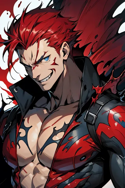 man, white skin, smile, strong, spiky red hair, anime style, style, blue eyes, superhero, venom, symbiote, carnage, toxin, skinny, symbiote costume