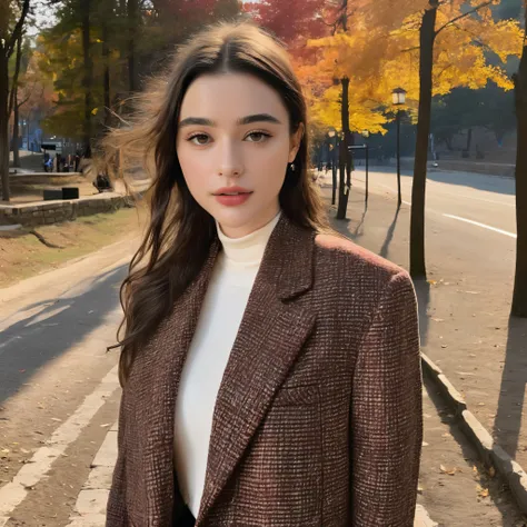 dasha_taran, colorful summer jacket, turtleneck, black denim jeans, edgy style, forest a array of autumn leaves on the ground, ((perfect eyes, detailed eyes,realistic eyes)), ((sharp face, detailed face, realistic face, naturtal skin, realistic skin, detai...