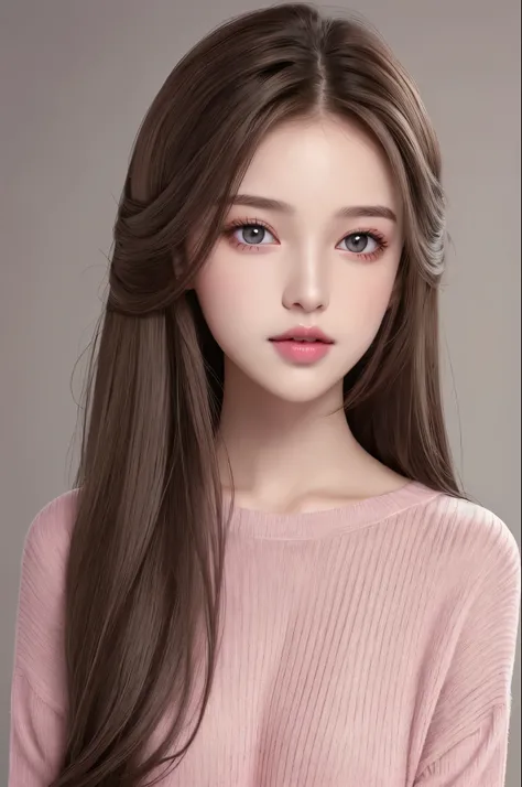 Girl, soft long brown hair, dark gray eyes, sharp features, white skin, pink lips, soft and delicate, sweater