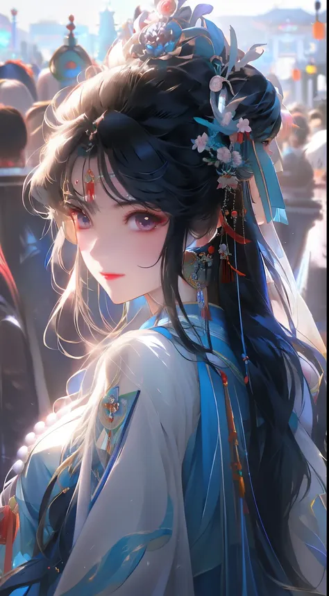 anime girl wearing tie and blue dress in the crowd, palace ， girl wearing hanfu, beautiful character painting, guvitz, guvitz-st...