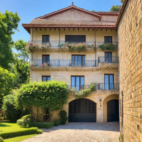 ((Best quality, 8K, Masterpiece: 1.3)), A stunning image of "Casa do Caralho" or the Maids House: 1.3, (Vibrant colors: 1.2), Brick facade with intricate details: 1.4, (Wrought iron gates: 1.2), (Gravel path: 1.1), (Azure shutters: 1.2), (Majestic chimney:...