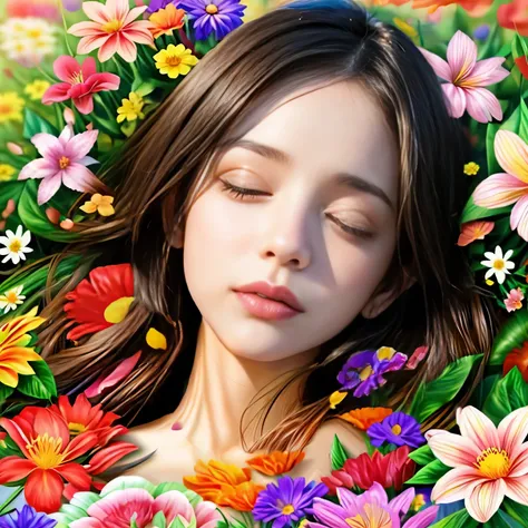 girl sleeping among flowers