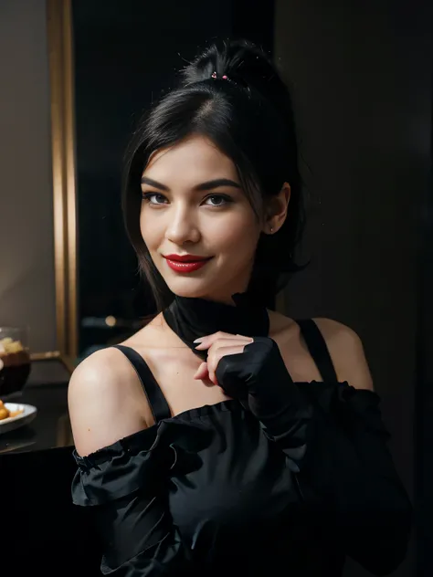 Magazine style photo of a smiling flirting with the camera Bettie page with black ponytail hair wearing a black 1900s off-the-shoulder ball dress and high black gloves inspired by Dior and Céline, red lipstick, direct lighting, at the grand hotel balloorm ...