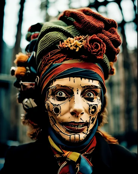 creepy portrait of a woman in a scarf。wearing a scarf on her head