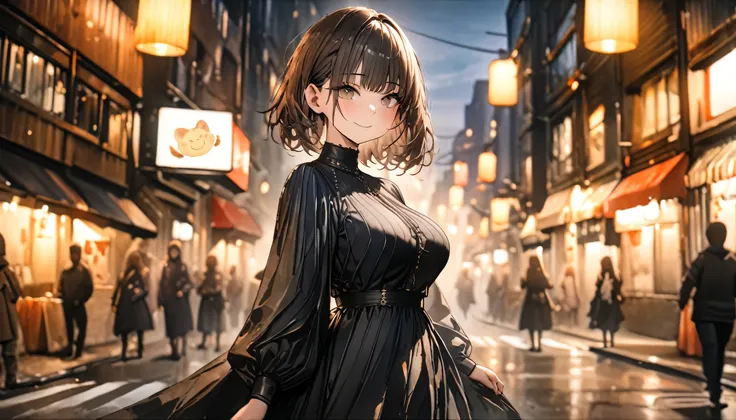 ((highest quality, 8k, masterpiece :1.3)), watercolor, Big breasted, One girl, smile, whole body, Slim face, Beautiful woman, (Dark brown hair), Full-length dress :1.1, Highly detailed face, Fine grain, double eyelid,  Blur the background, Slim face, city,...