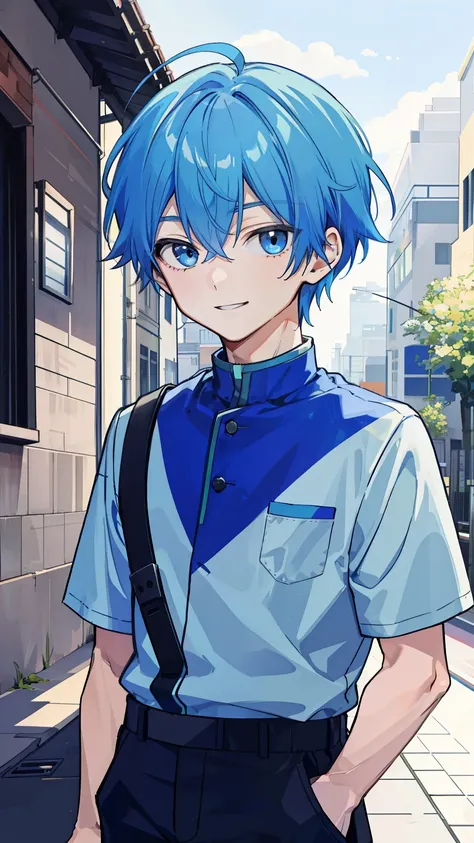 1 boy, blue hair, whole body, gentle smile