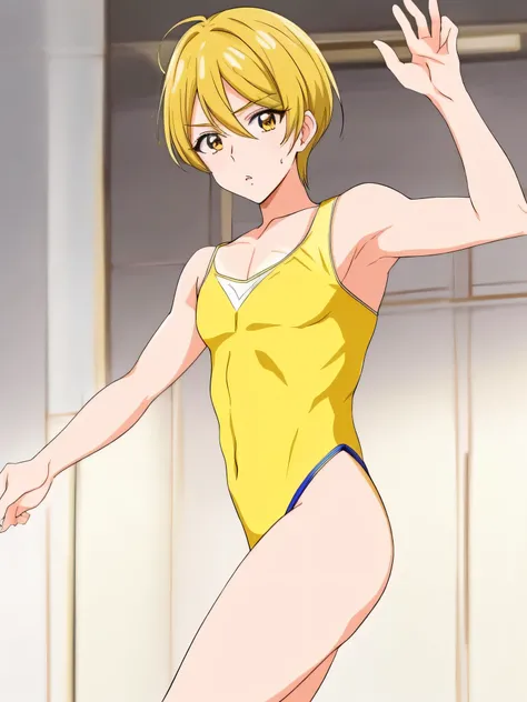 A man wearing a yellow leotard is doing a yoga pose, short blonde boy, Golden eyed boy, Anime Pose, solo, ballet style pose, Wearing leotards, clothing:leotard, Cool anime boy wearing yellow leotard, Ballet pose, Ballet shoes, he is dancing. High leg, Real...