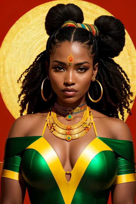 Vixen is Mari Jiwe McCabe, a striking 28-year-old Zambesian superheroine, her radiant brown eyes brimming with determination and wisdom. Her glossy black hair, cascading down her back in loose curls, frames a delicate, yet powerful face. She dons the tradi...