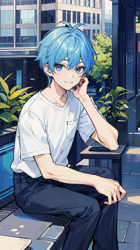 1 boy, blue hair, whole body, gentle smile