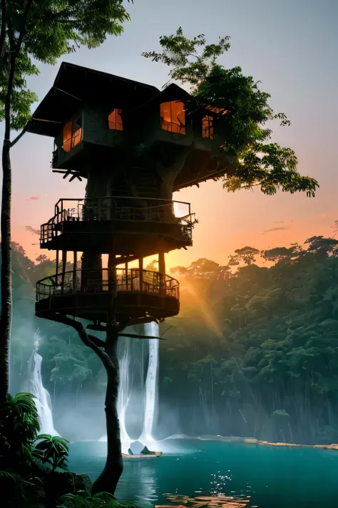 Perfection The Coolest Tree house on a large rock in the middle of the lake in the jungle with sunset, waterfall, bird flying, airroplan flying flowers in front of the house and trees on both sides of the house