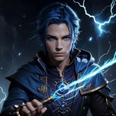 D&D, male human sorcerer, charming handsome, indigo blue hair, azure vertical pupils like cat eyes, proficient in using lightning magic