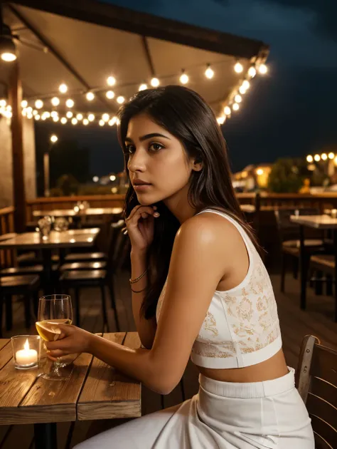 Raw photo, realistic,girl,Indian girl,age 22, full body,pale skin, body, beautiful face, detailed face,crop top dress, medium breasts, upper body, sitting, cowboy shot, outdoor, night, restaurant, ((looking at viewer:1.4)),((face towards me)), from below,s...