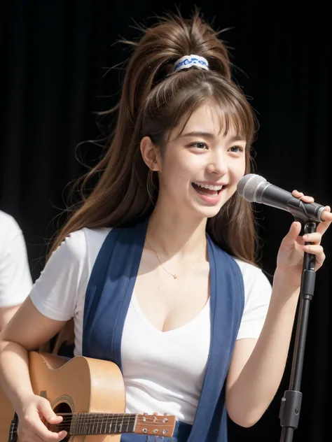 アイドルのようにvery cute、16歳のYoung faceのhigh school student少女, Young face、very cute、Smiling Kindly、High School Cultural Festival、Cultural Festival Live、High School Uniform、High はCleavageが見えるデザイン、Cleavage、Singing on the gymnasium stage、In front of the students、Ful...