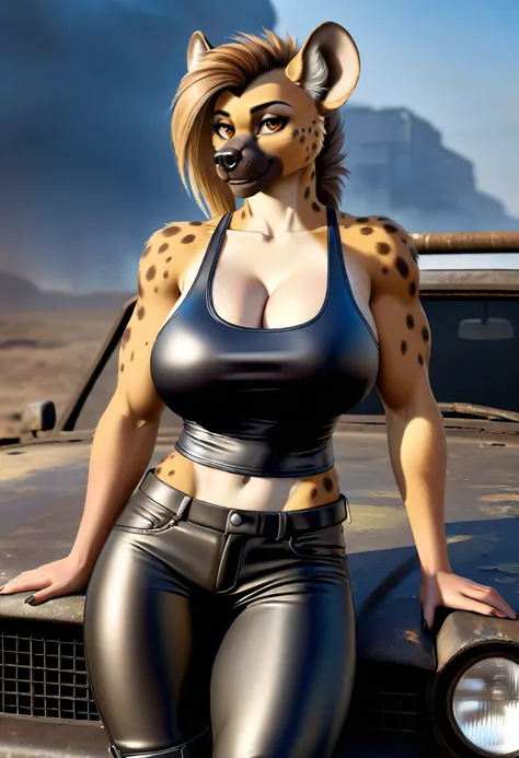 4k highly detailed realistic digital extremely high quality drawing, masterpiece, (by keeltheequine), (uploaded on e621), (a full-body portrait of an anthro hyena girl), ((laying on the hood of a car in a post-apocalyptic wasteland)), ((wearing a tanktop, ...