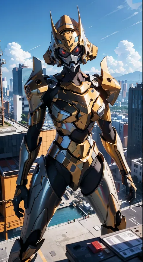 (best quality, 4k, highres, ultra-detailed, realistic:1.37), HDR, bright lighting, vibrant colors, massive machinery, enormous humanoid robot, breathtaking view from the top of a building, intricate cable network attached to the back, bustling city of Toky...