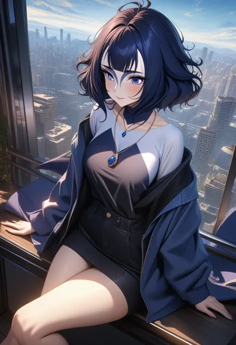 (shylily/(Twich/):1.5),(masterpiece:1.2),(best quality:1.2),best quality，masterpiece，1 busty girl，Messy hair，curly_hair，shirt，Business suits，only，Kangjie，Watches，Necklace，Overlooking the city，8k original image，Ultra-high resolution，Highest detail，complex，8...