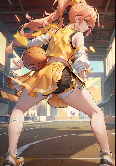 on the basketball court,masterpiece, best quality, jixiaoman,blonde_hair,pink_hair,yellow_clothes,black_clothes, 1girl, from beh...