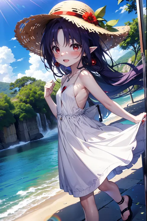 yuukikonno, Yuki Konno, hair band, Long Hair, Pointy Ears, Purple Hair, (Red eyes:1.5), (Small breasts:1.2), smile,blush,Please open your mouth wide,Straw hat,White long skirt integrated dress,Exposing shoulders,bare clavicle,Bare neck,Bare arms,Cute Sanda...