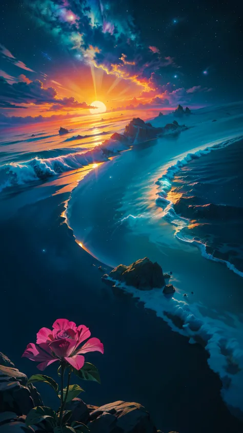 (obra de arte, melhor qualidade:1.2), (high resolution, abstrato:1.1), ultra detalhe, areia dourada e azul, oceano e flores rosas iluminadas na frente ultra detalhadas, galaxy sky with stars and an ultra detailed sunset, uma cascata vindo de um buraco negr...