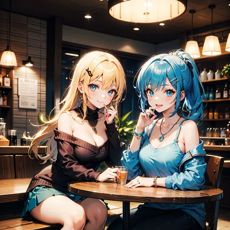 Anime Moe Art Style,highest quality,High resolution,Anatomically correct,One Girl,Mid-teens,A girl with light blue hair in a ponytail,Super detailed,Fantasy-style world,Off-the-shoulder tops,mini skirt,Big Breasts,Bright smile,Laughing with your mouth open...