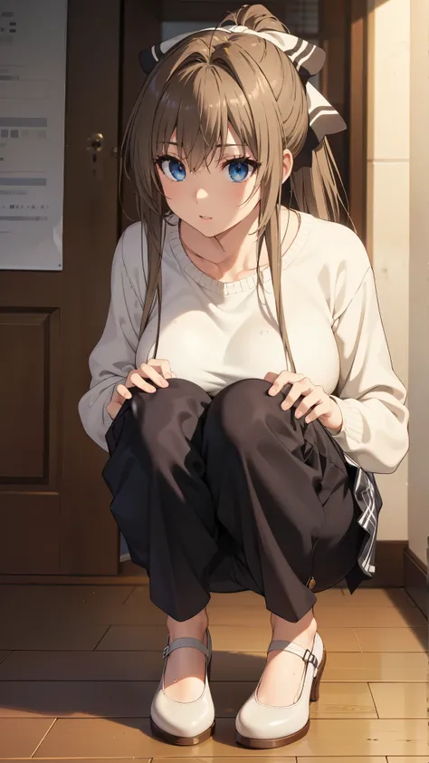 SentoIsuzu,brown hair, brown eyes, long hair, antenna hair, ponytail, hair bow,large breast,
BREAK (white sweater, shirt, pants:1.2),
BREAK indoors, clinic,
BREAK is on the whole body、The whole body is dirty with yogurt、peeing herself、One woman pulling up ...