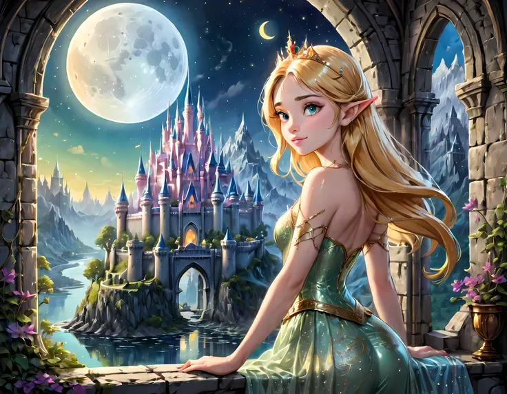 fantasy art, rpg art, a portrait picture of a (beautiful human princess: 1.2) looking through her window at a magical castle, a ...