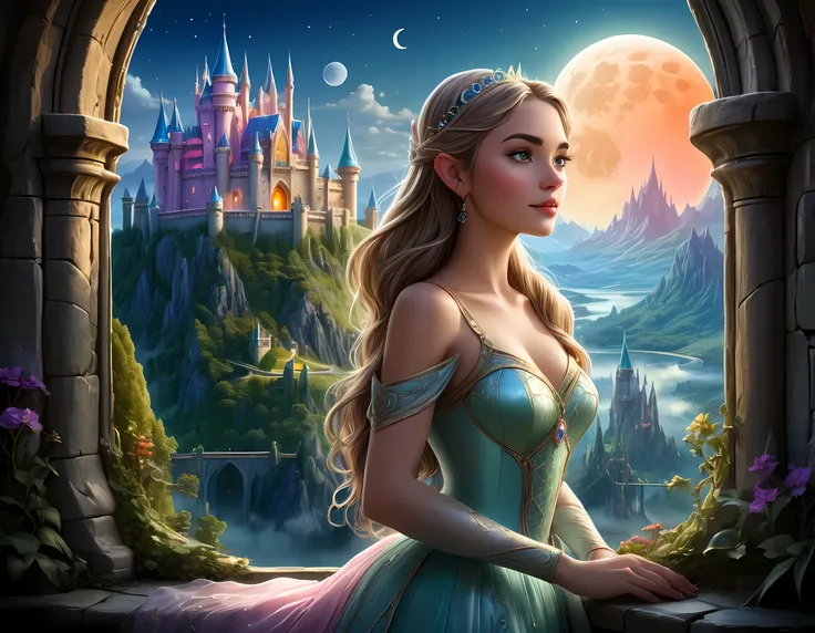 fantasy art, rpg art, a portrait picture of a (beautiful human princess: 1.2) looking through her window at a magical castle, a ...