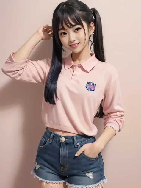 one person、one person、 A 20-year-old high school girl posing for a photo in a red polo shirt and navy blue shorts、victory、Tsundere、smile、Saucy、Blue Hair、Twin tails、small、Slim girl model photo、body:Female Model、Japanese female fashion model、(8K、Raw photo、Be...