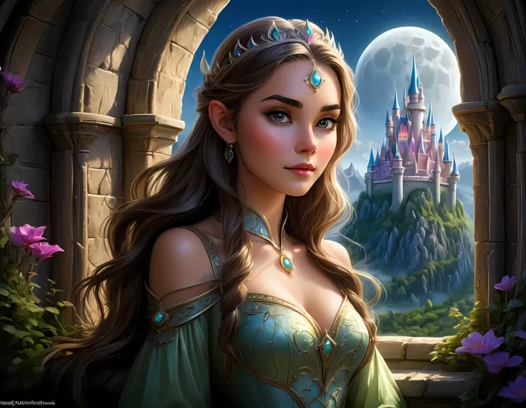 fantasy art, rpg art, a portrait picture of a (beautiful human princess: 1.2) looking through her window at a magical castle, a ...