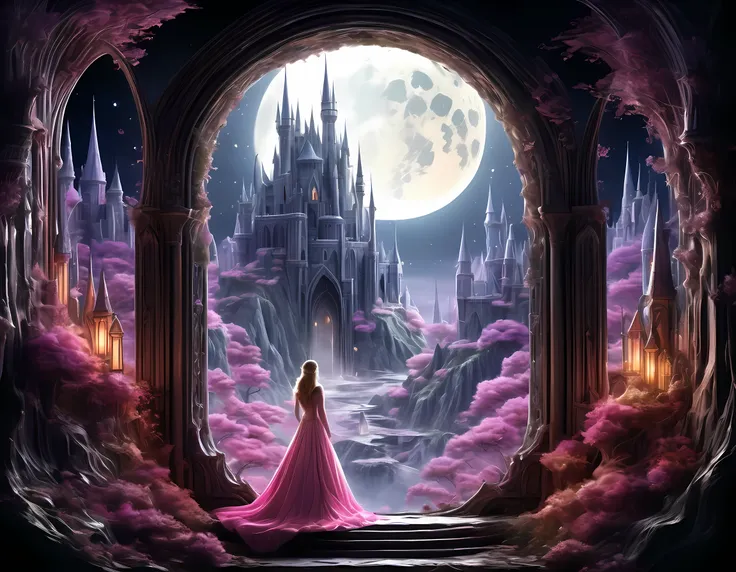 fantasy art, rpg art, a portrait picture of a (beautiful human princess: 1.2) looking through her window at a magical castle, a ...