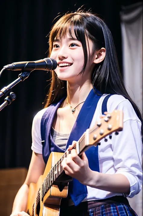 アイドルのようにvery cute、Cute and adorable、16歳のYoung faceのhigh school student少女, Young face、very cute、Smiling Kindly、Live at the high school cultural festival、High School Uniform、High はCleavageが見えるデザイン、Cleavage、Singing on the gymnasium stage、In front of the stude...