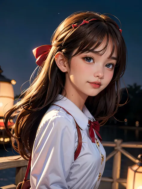 (extremely delicate and beautiful: 1.2), 1girl, bangs, blue eyes, blur, blur background, bow, brown hair, shut up, side view, hair between eyes, hair bow, lantern, light particles, long sleeves, look looking at audience, medium hair, night, red bow, solo, ...