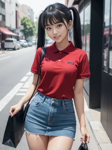 one person、one person、 She is shopping in a red polo shirt and a navy blue miniskirt、17-year-old high school girl、victory、Tsundere、smile、Saucy、Blue Hair、Twin tails、small、Slim girl model photo、body:Female Model、Japanese female fashion model、(8K、Raw photo、Be...