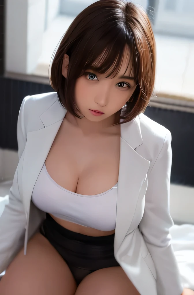 Overlooking the angle of view、Saliva、Wearing a white coat、30th generation、Bob Hair、Brown Hair Color、Black mini skirt suit、tights、open chest shirt、Health Room、squat、Panty shot、If you look at this、Troubled expression、Reach out and touch me、Her panties are sl...