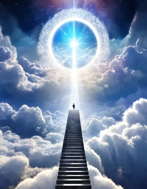 digital illustration of a figure ascending a staircase of clouds towards a glowing celestial portal, representing the journey to...