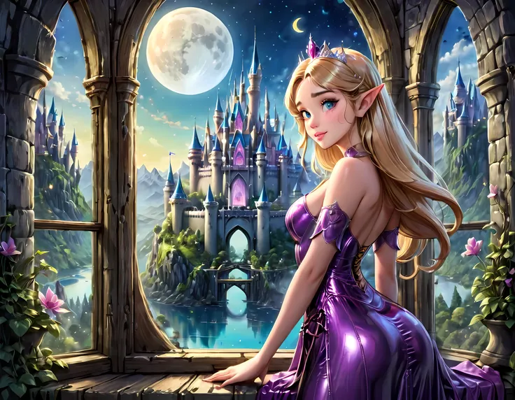 fantasy art, rpg art, a portrait picture of a (beautiful human princess: 1.2) looking through her window at a magical castle, a ...