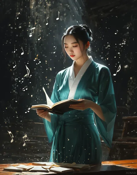 A world full of notes, with rhythm and melody, simple, a woman, realism,xianxia