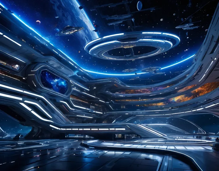 1 / Zaha Hadid and Science Fiction. Create a dynamic, action-packed and award winning 8K science fiction movie scene: Visualize a majestic scene where a space station, designed in the style of Zaha Hadid, orbits a distant planet, surrounded by sparkling st...