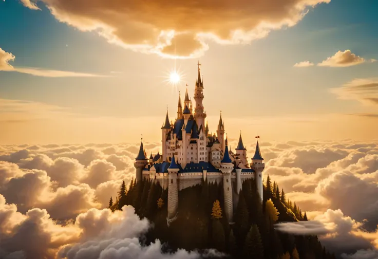 analog photography, there is a shining dream castle in the sky among the clouds, dream castle is very beautiful and exquisite su...