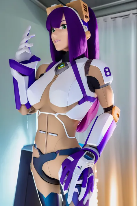 ultra detailed of a woman cyborg, 1girl, (natural skin texture, realistic eye details:1.2) layer_mega manx, alone, breasts, underboob, green eyes, purple hair, Android, long hair, bangs over eyes, robot ears, artwork, tan skin, high quality, hypnotized, sp...