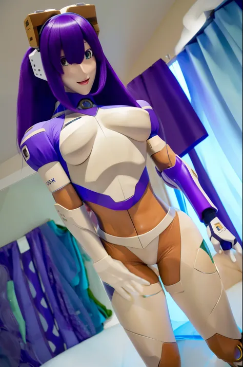 ultra detailed of a woman cyborg, 1girl, (natural skin texture, realistic eye details:1.2) layer_mega manx, alone, breasts, underboob, green eyes, purple hair, Android, long hair, bangs over eyes, robot ears, artwork, tan skin, high quality, hypnotized, sp...