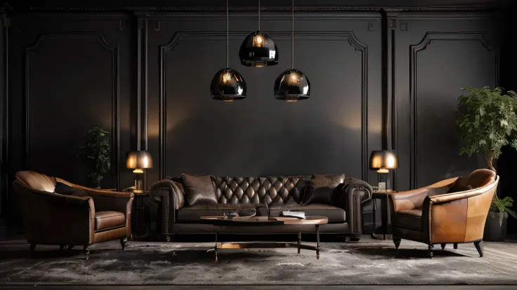 a dark living room with a leather couch, two chairs and a coffee table, dark classic interior, dark interior, dark deco, black furniture, dark colour scheme, award winning dark lighting, luxurious environment, black walls, dark and moody colors, dark and b...