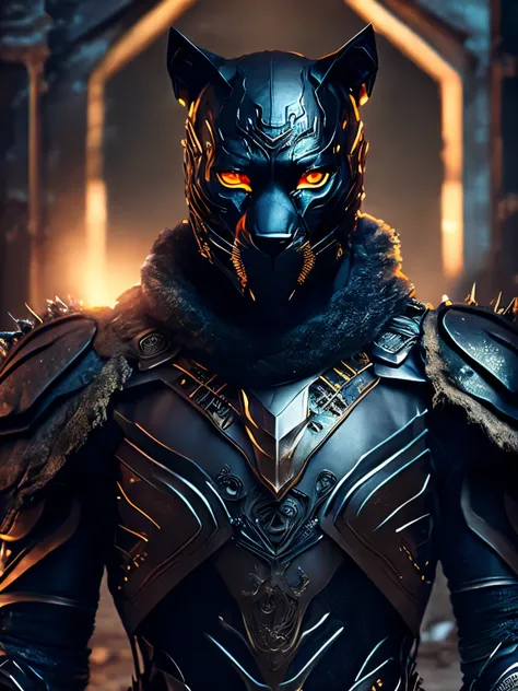 breathtaking cinematic science fiction photo of a portrait of a non human masked Grim dressed as a Black leopard in metal skin, body full glowing metrics inside, glowing  eyes, multifaceted eyes, metallic arms, inside a destroyed building, extremely menaci...