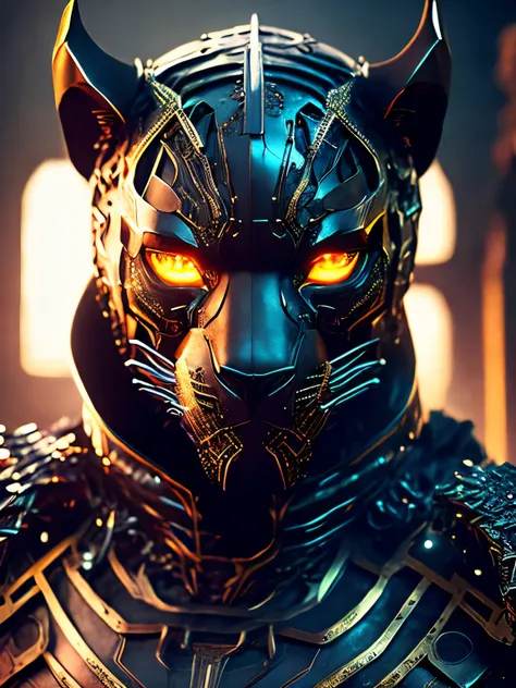 breathtaking cinematic science fiction photo of a half body portrait of a non human masked grim dressed as a black leopard in me...