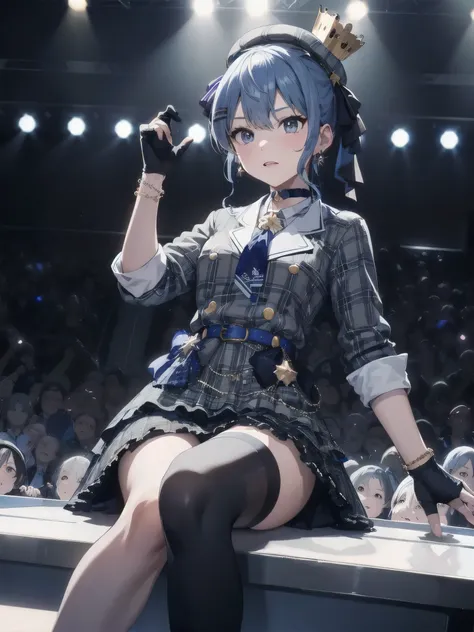 (realistic, photo realistic:1.2), ((highest quality)), beautiful face details, real human skin, pretty embarrassing, SuiseiBase, plaid beret, crown, blue star choker, star earrings, blue ascot, plaid jacket, plaid skirt, layered skirt, partially fingerless...