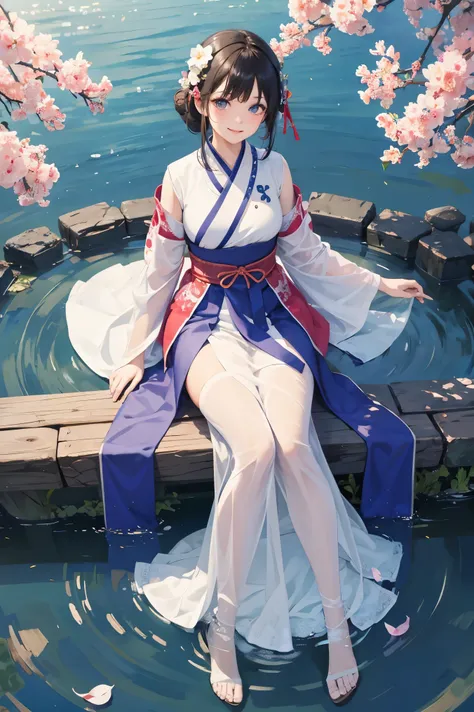 a girl, (beautiful eyes), smiling, hanfu, (lace uniform), cute and dreamy, full body, (streams, clear water), (beautiful avatar ...