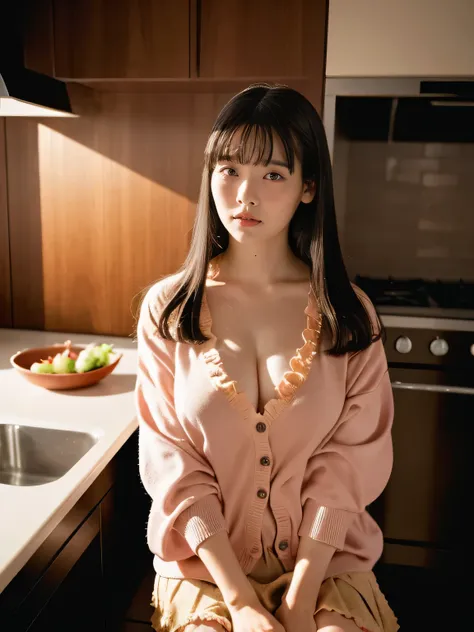 Full body portrait, 8K image quality, masterpiece, real human feeling, realistic skin texture, natural skin, big breasts, cleavage, cute Japanese woman cooking in a dimly lit kitchen, frilly blouse, cardigan, miniskirt, LUXURY, top quality, long black smoo...